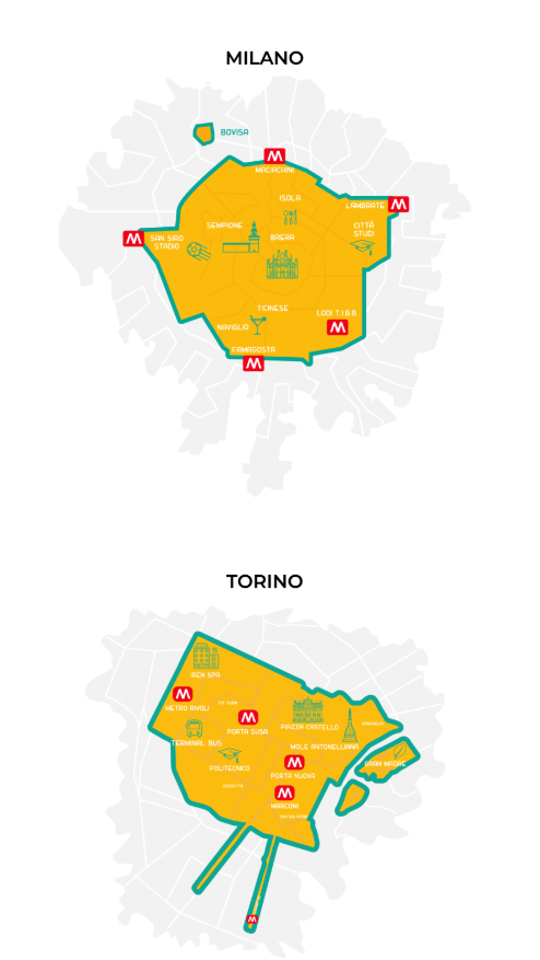 Le aree attive di MiMoto a Milano e Torino