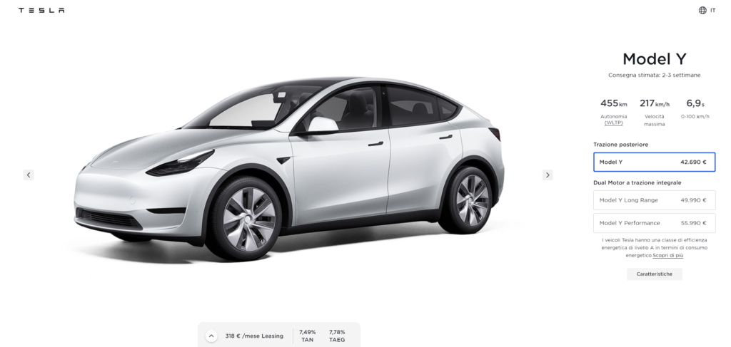 Tesla Model Y listino. Prezzi delle varie configurazioni.