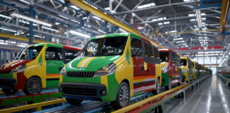 Etiopia al volante dell’innovazione elettrica Immagine creata con Midjourney di un minivan con i colori dell'Etiopia