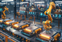 Batterie EV: nessun europeo tra i primi 10 produttori 2023 Robot a braccio che assemblano pacchi batteria