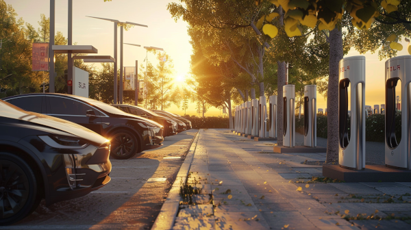 una città italiana al sole della mattina con un gran numero di auto elettriche di design moderno, ricariche elettriche in primo piano