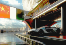 Italia e Cina tra le auto elettriche e la nuova geopolitica Una moderna auto in un porto che issa una strana bandiera che confonde quelle di Cina ed Italia