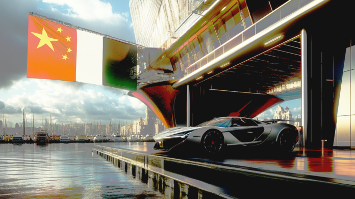 china_cars Una moderna auto in un porto che issa una strana bandiera che confonde quelle di Cina ed Italia