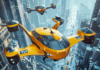 Droni e taxi volanti in Italia già nel 2025? Midjourney- Prompt: flying taxis in city skies, upper view, photorealistic