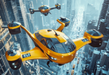 Droni e taxi volanti in Italia già nel 2025? Midjourney- Prompt: flying taxis in city skies, upper view, photorealistic
