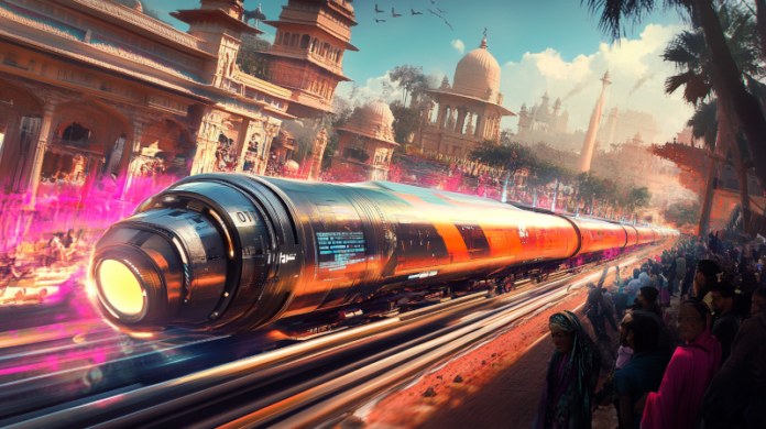 GS_Hyperloop_india_midj Visual representation of a futuristic Hyperloop pod racing through a sleek, metallic vacuum tube at high speeds in the Indian countryside.